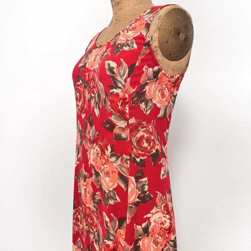 90s Vintage Express Red Floral Sleeveless Maxi Dress Size 9/10 Medium - Picture 5 of 15